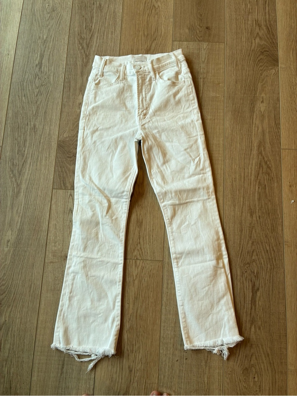 Mother jeans white high rise straight leg raw hem minimalist capsule size 25